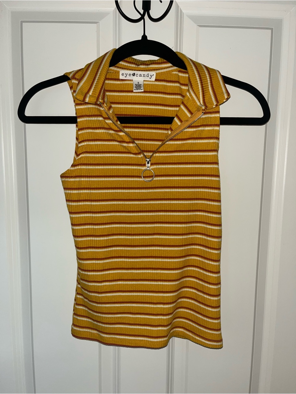 Mustard Striped Sleeveless Zip Polo Top